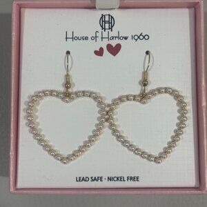 House of Harlow 1960 Pearl Heart Drop Gold Tone Earrings New in Gift Box